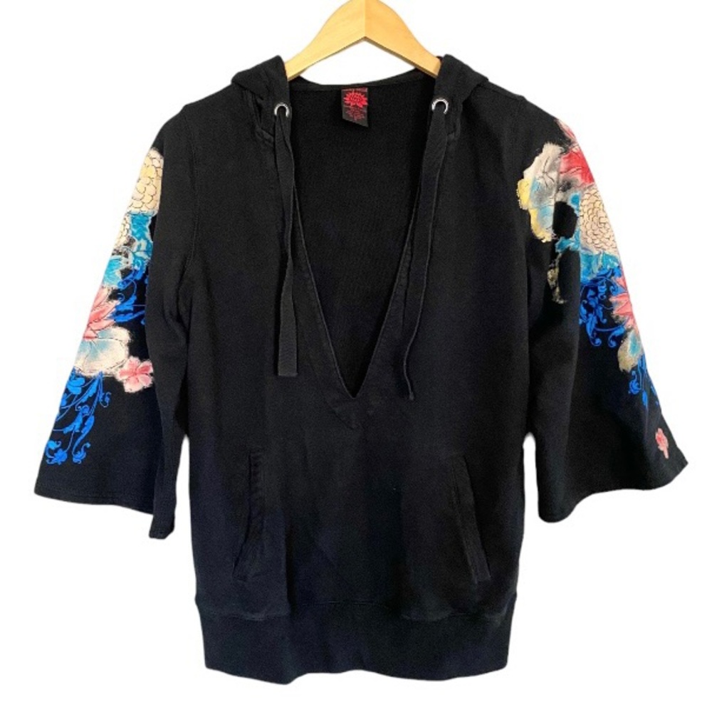 Vintage 90 Y2K Black Lucky Brand Hoodie Sweatshirt Tattoo style floral graphics - Picture 3 of 10